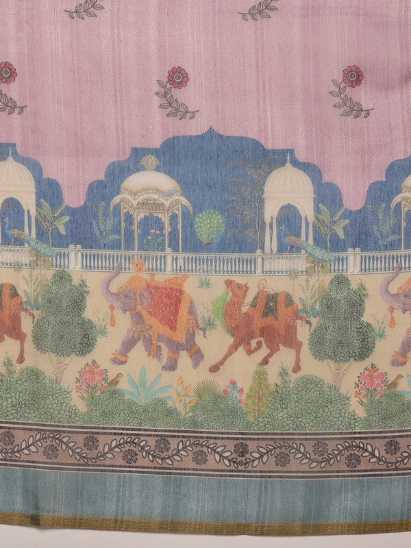 Pink Cotton Blend Printed Madhubani Saree with Unstitched Blouse - Hiral Fashion - Distacart