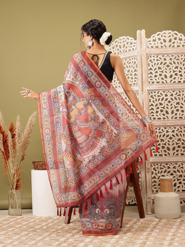 Rust Cotton Blend Printed Madhubani Saree with Unstitched Blouse - Hiral Fashion - Distacart