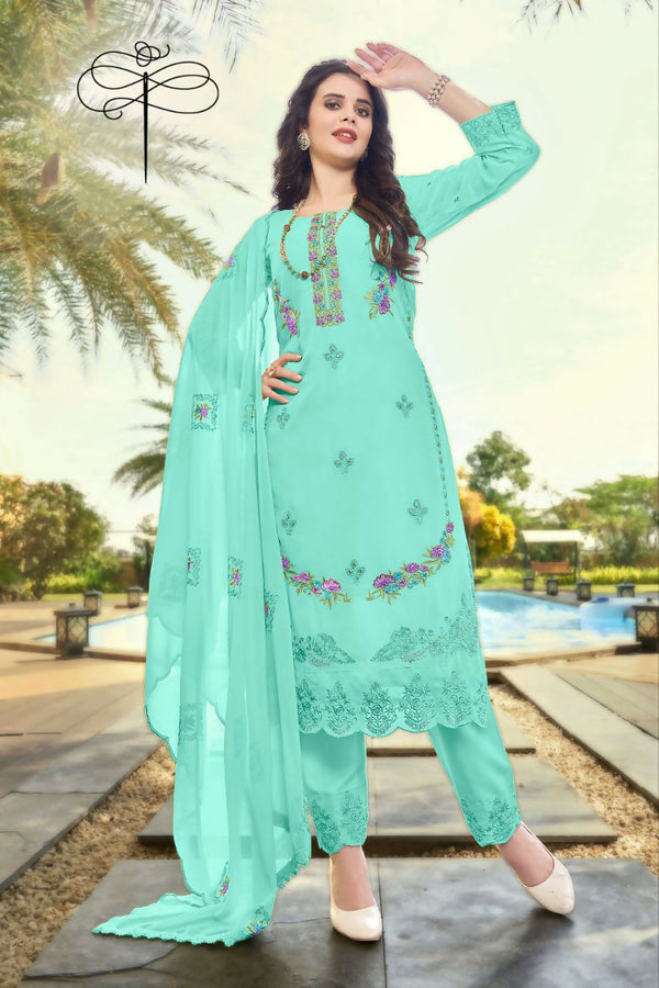 Jyoti Fashion Women's Turquoise Faux Georgette Heavy Embroidery and Moti Work Kurta Set - Distacart