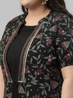 Thumbnail for Sztori Plus Size Floral Foil Printed Mandarin Collar A-Line Kurta With Trouser - Distacart