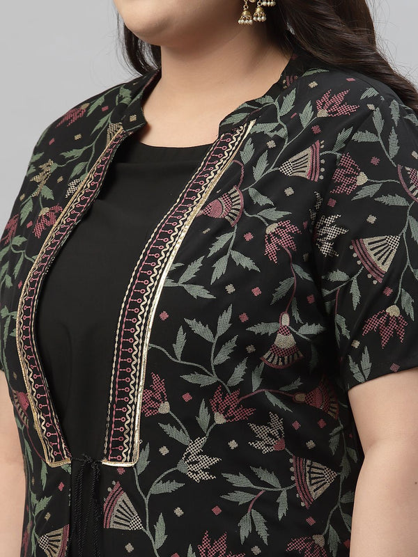 Sztori Plus Size Floral Foil Printed Mandarin Collar A-Line Kurta With Trouser - Distacart