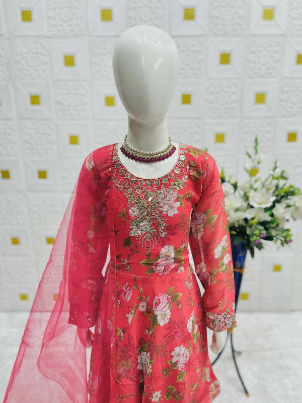 Divine Drape Girl's Faux Georgette Embroidery Anarkali Gown Pant With Dupatta - Red