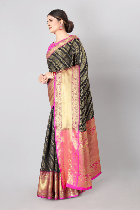Olive Banarasi Silk Woven Zari Design Striped Saree with Unstitched Blouse - Hiral Fashion - Distacart