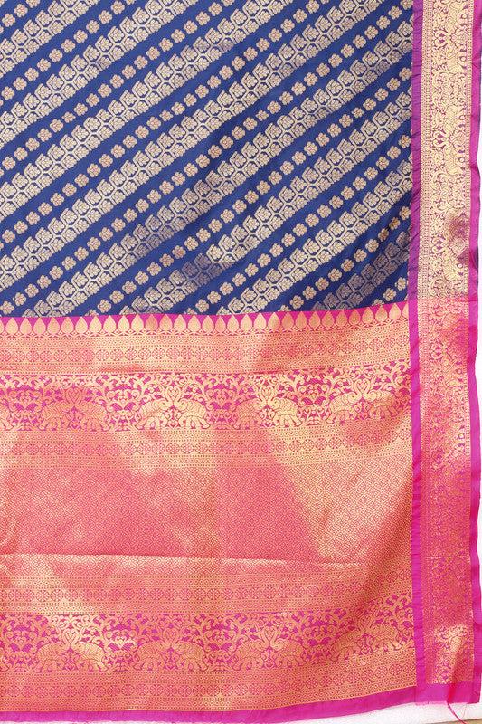 Navy Blue Banarasi Silk Woven Zari Design Striped Saree with Unstitched Blouse - Hiral Fashion - Distacart