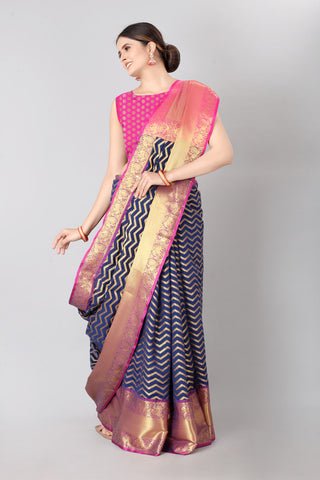 Navy Blue Silk Blend Woven Zari Design Striped Saree with Unstitched Blouse - Hiral Fashion - Distacart
