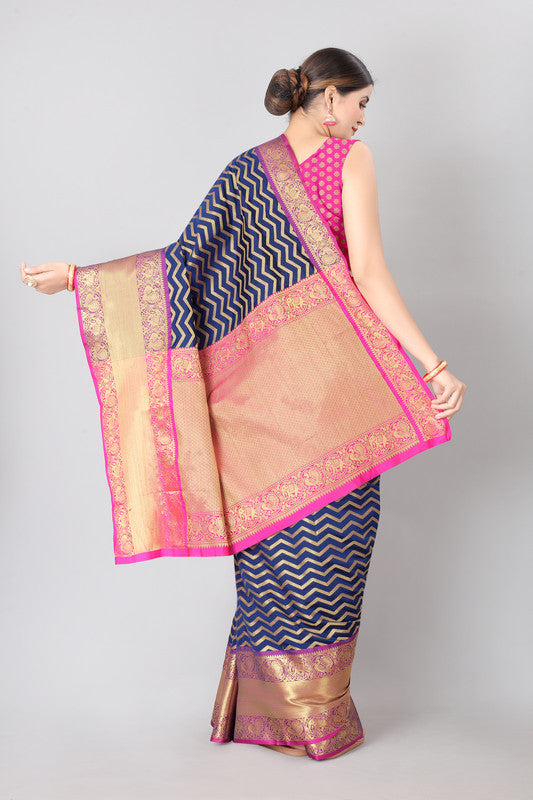 Navy Blue Silk Blend Woven Zari Design Striped Saree with Unstitched Blouse - Hiral Fashion - Distacart