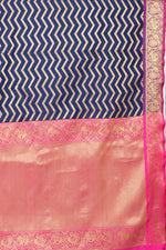Thumbnail for Navy Blue Silk Blend Woven Zari Design Striped Saree with Unstitched Blouse - Hiral Fashion - Distacart