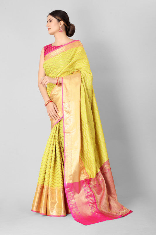 Yellow Silk Blend Woven Zari Design Striped Saree with Unstitched Blouse - Hiral Fashion - Distacart