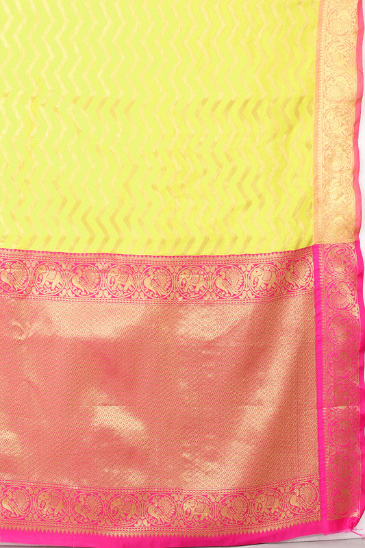 Yellow Silk Blend Woven Zari Design Striped Saree with Unstitched Blouse - Hiral Fashion - Distacart
