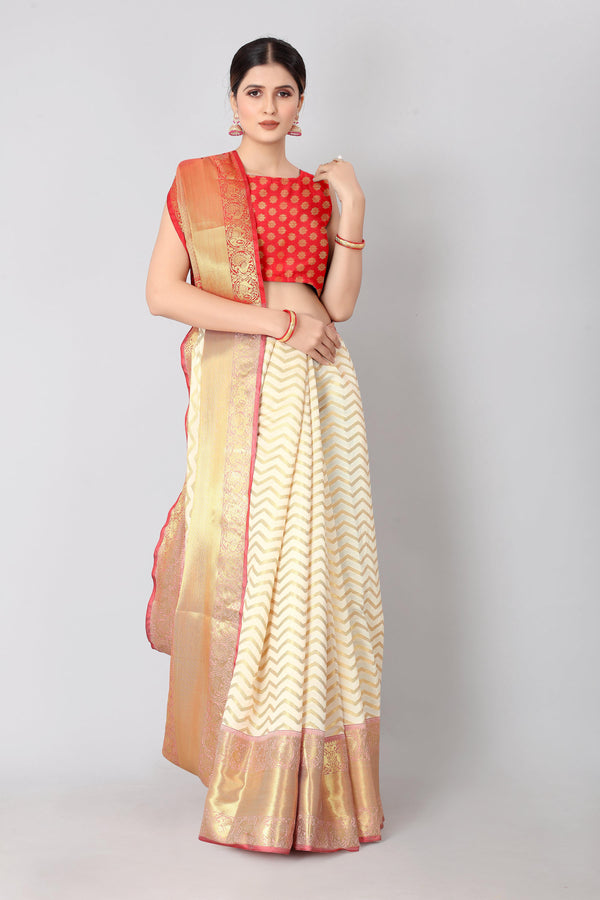 White Silk Blend Woven Zari Design Striped Saree with Unstitched Blouse - Hiral Fashion - Distacart