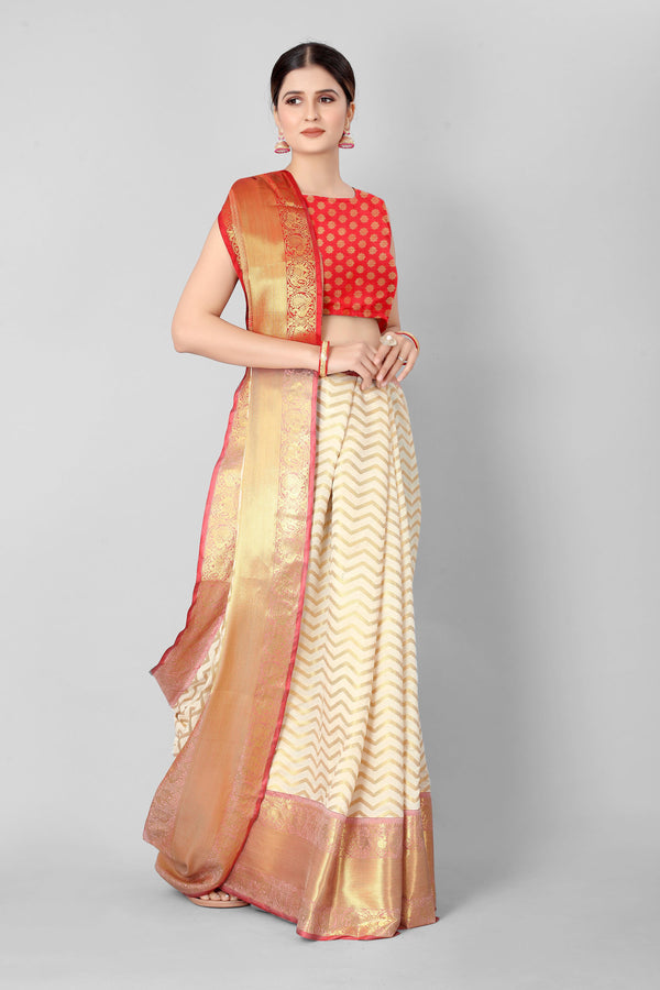 White Silk Blend Woven Zari Design Striped Saree with Unstitched Blouse - Hiral Fashion - Distacart