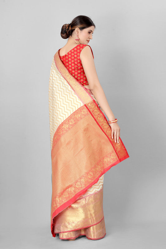 White Silk Blend Woven Zari Design Striped Saree with Unstitched Blouse - Hiral Fashion - Distacart