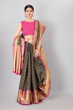 Thumbnail for Black Silk Blend Woven Zari Design Striped Saree with Unstitched Blouse - Hiral Fashion - Distacart
