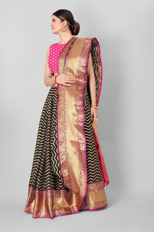 Black Silk Blend Woven Zari Design Striped Saree with Unstitched Blouse - Hiral Fashion - Distacart
