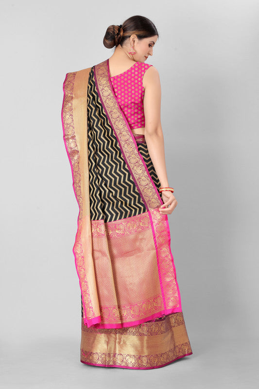 Black Silk Blend Woven Zari Design Striped Saree with Unstitched Blouse - Hiral Fashion - Distacart