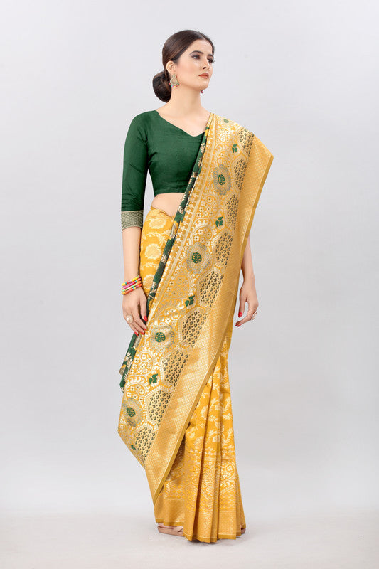 Mustard Pure Silk Embellished Floral Saree with Unstitched Blouse - Hiral Fashion - Distacart