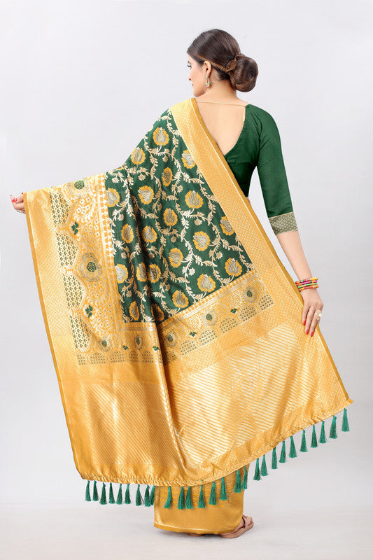 Mustard Pure Silk Embellished Floral Saree with Unstitched Blouse - Hiral Fashion - Distacart