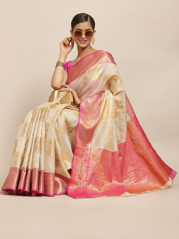 Beige Jute Silk Woven Zari Design Geomatric Saree with Unstitched Blouse - Hiral Fashion - Distacart