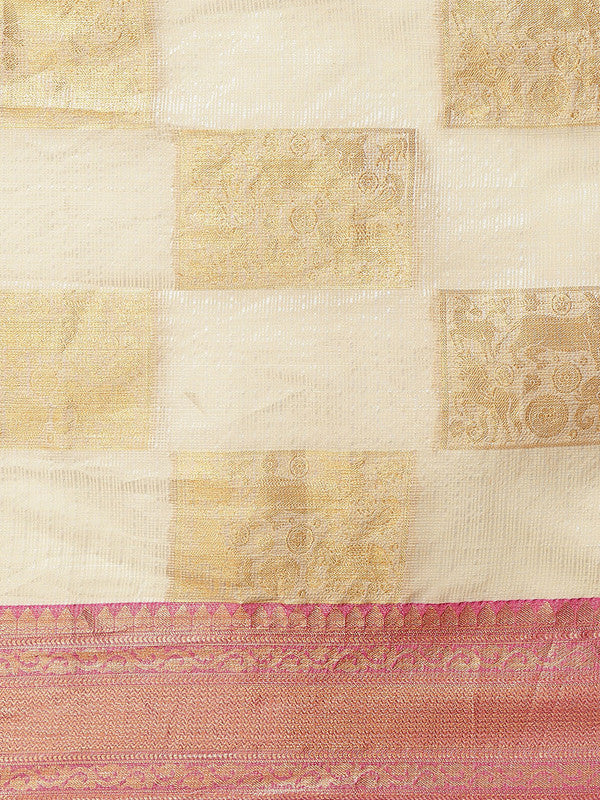 Beige Jute Silk Woven Zari Design Geomatric Saree with Unstitched Blouse - Hiral Fashion - Distacart