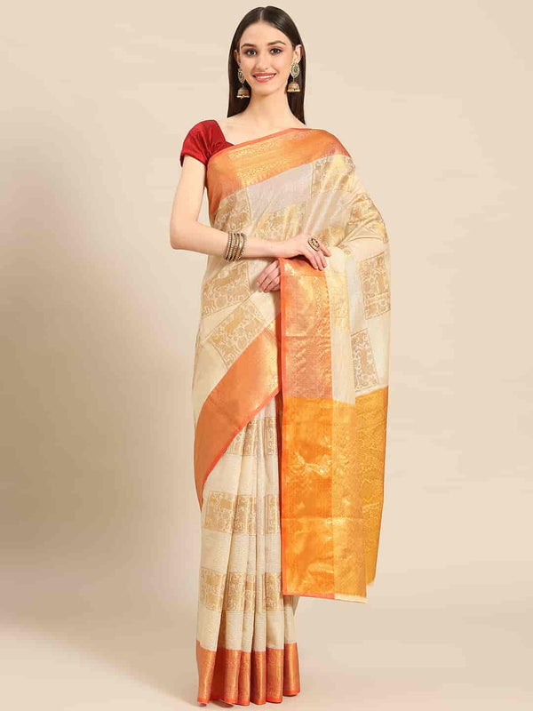 Beige Jute Silk Embellished Geomatric Saree with Unstitched Blouse - Hiral Fashion - Distacart