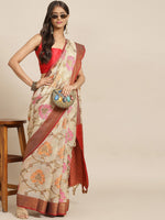 Thumbnail for Beige Tusser Silk Woven Zari Design Floral Saree with Unstitched Blouse - Hiral Fashion - Distacart