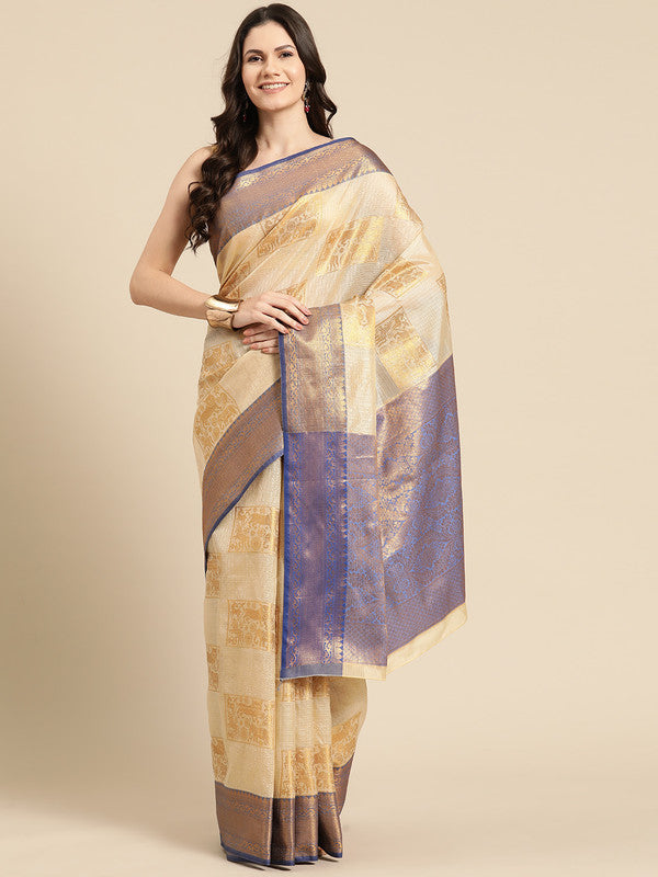 Beige Jute Silk Woven Zari Design Geomatric Saree with Unstitched Blouse - Hiral Fashion - Distacart