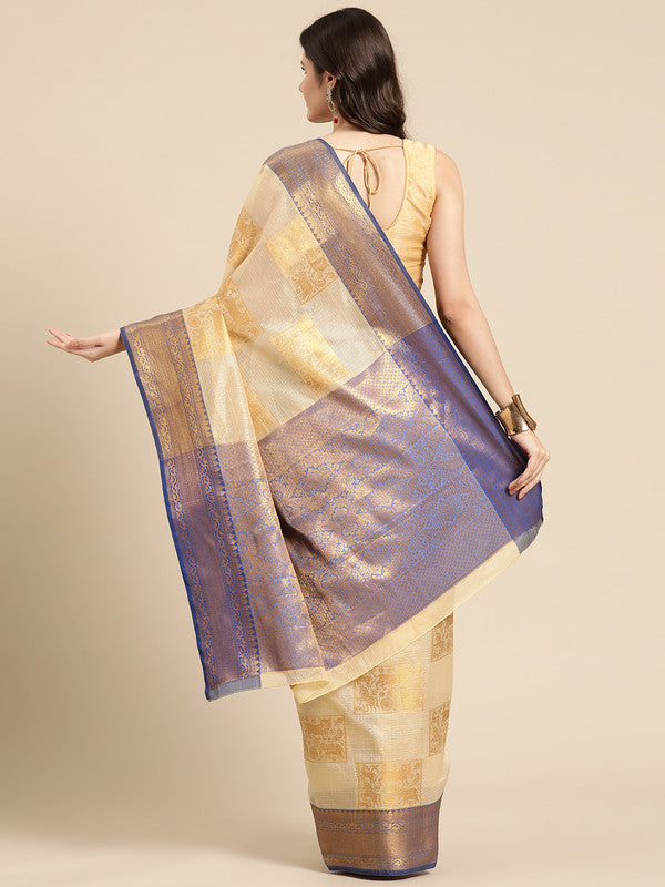 Beige Jute Silk Woven Zari Design Geomatric Saree with Unstitched Blouse - Hiral Fashion - Distacart