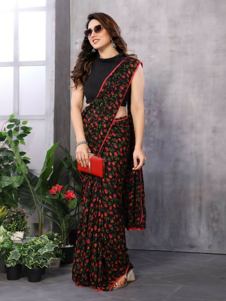 Partywear Designer Black & Red Georgette Fancy Saree - Satrangi - Distacart