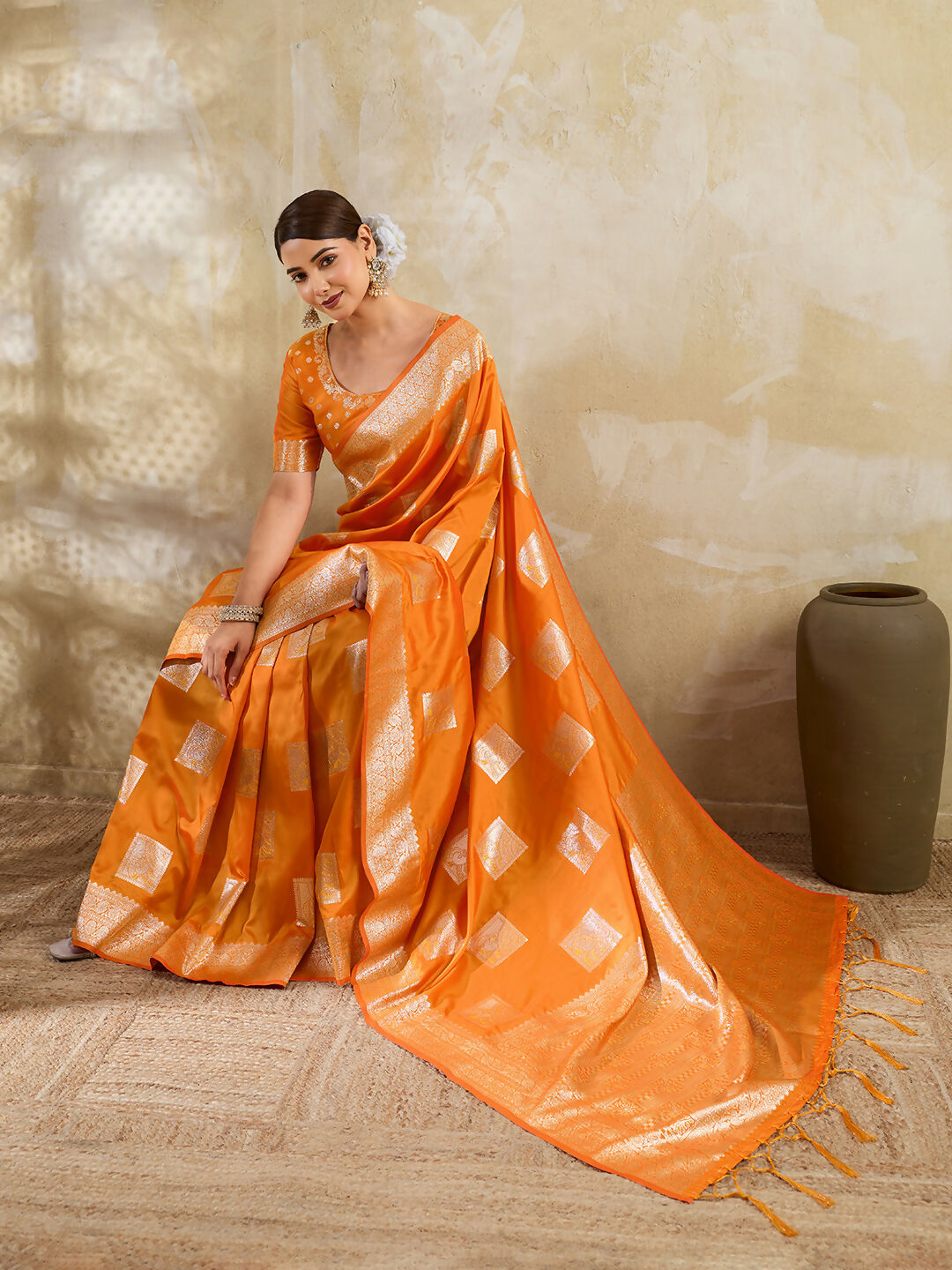 Shree Shyam Fashion Orange Silk Blend Saree - Distacart