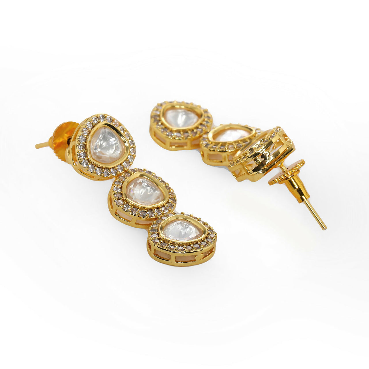 Uncut 3 Tier Kundan Dangler Earrings (Gold) - Ruby Raang - Distacart