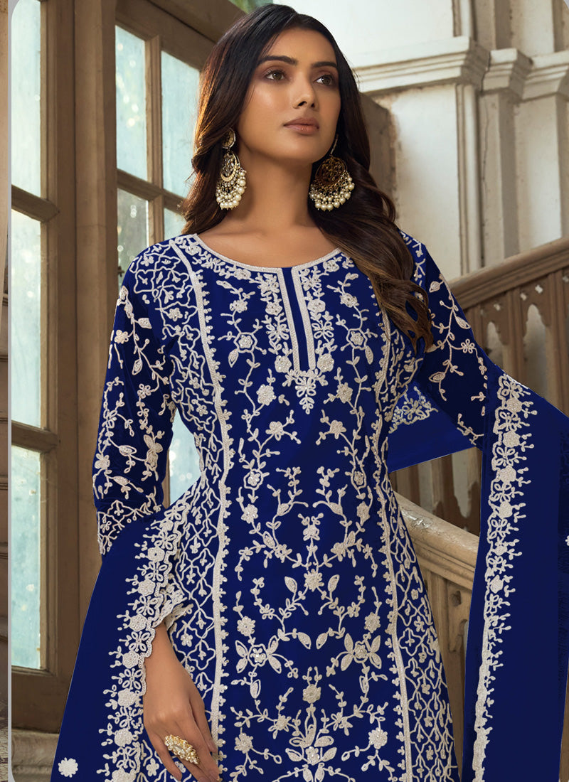 Vegaa Fashion Blue Premium Net Embroidered Traditional Palazzo Suit - Distacart
