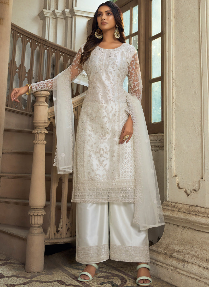 Vegaa Fashion White Premium Net Embroidered Traditional Palazzo Suit - Distacart