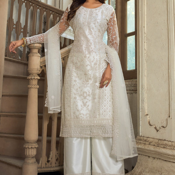 Vegaa Fashion White Premium Net Embroidered Traditional Palazzo Suit - Distacart
