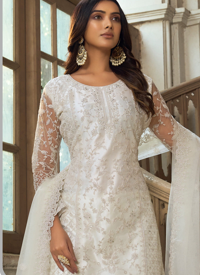 Vegaa Fashion White Premium Net Embroidered Traditional Palazzo Suit - Distacart