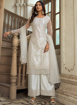 Vegaa Fashion White Premium Net Embroidered Traditional Palazzo Suit