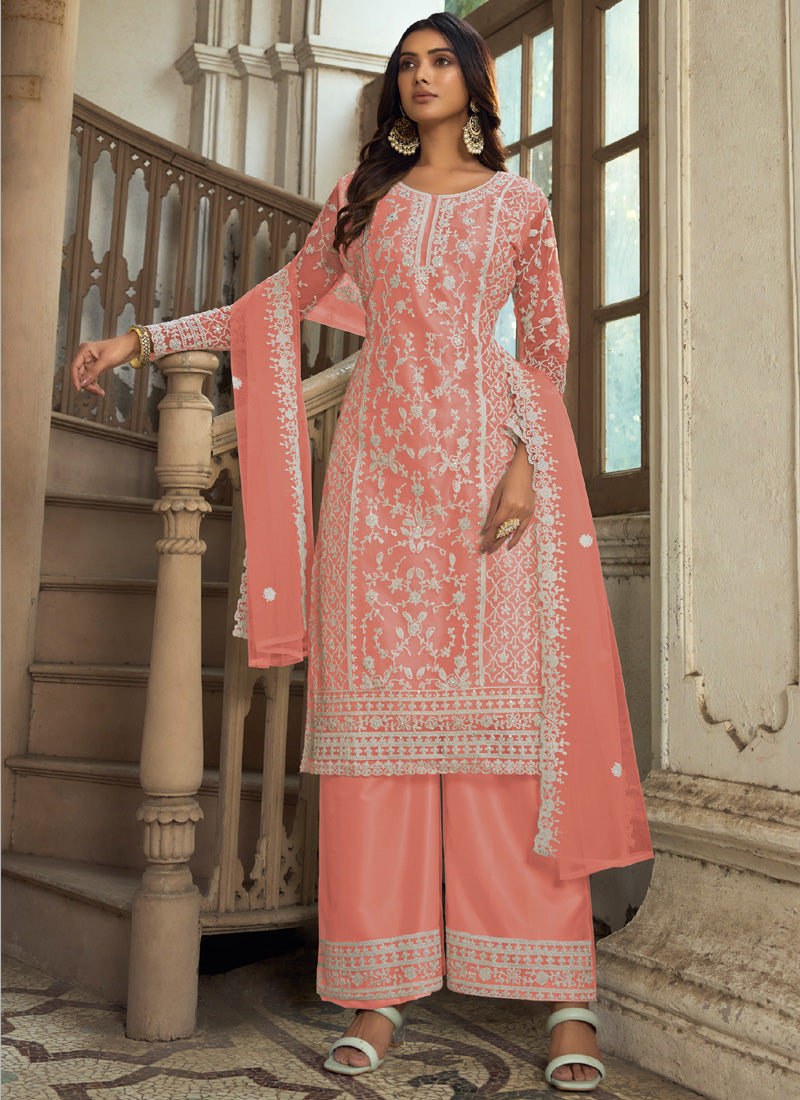 Vegaa Fashion Light Orange Premium Net Embroidered Traditional Palazzo Suit - Distacart