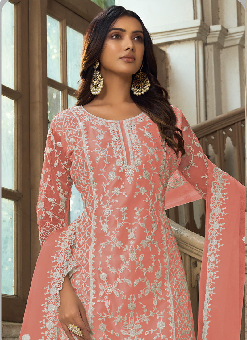 Vegaa Fashion Light Orange Premium Net Embroidered Traditional Palazzo Suit - Distacart