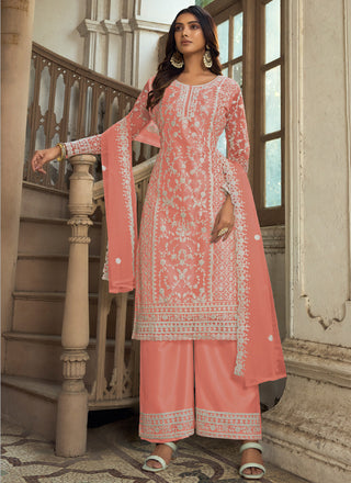 Vegaa Fashion Light Orange Premium Net Embroidered Traditional Palazzo Suit