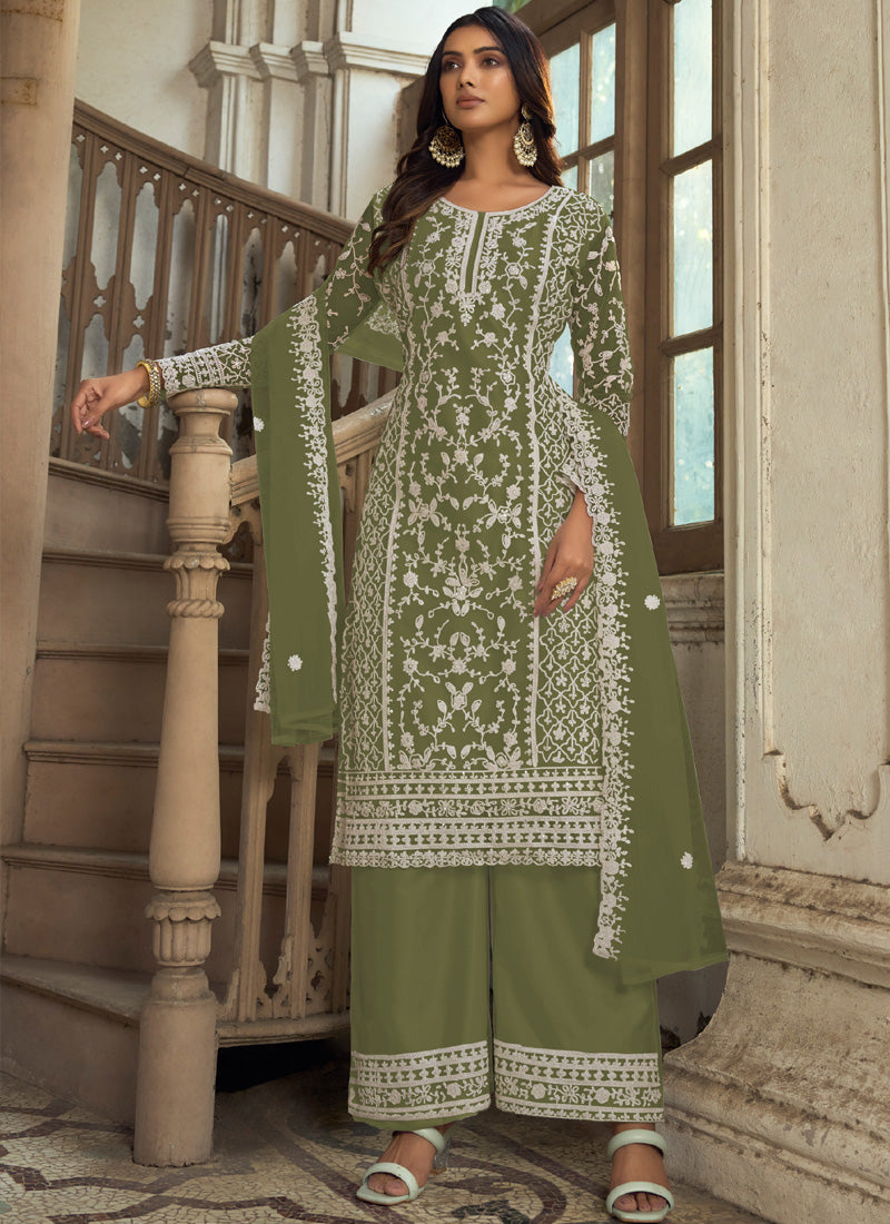 Vegaa Fashion Olive Premium Net Embroidered Traditional Palazzo Suit - Distacart