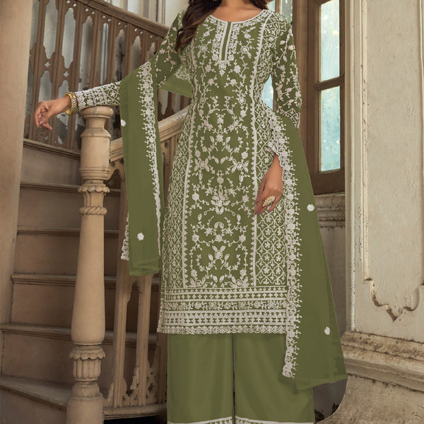 Vegaa Fashion Olive Premium Net Embroidered Traditional Palazzo Suit - Distacart