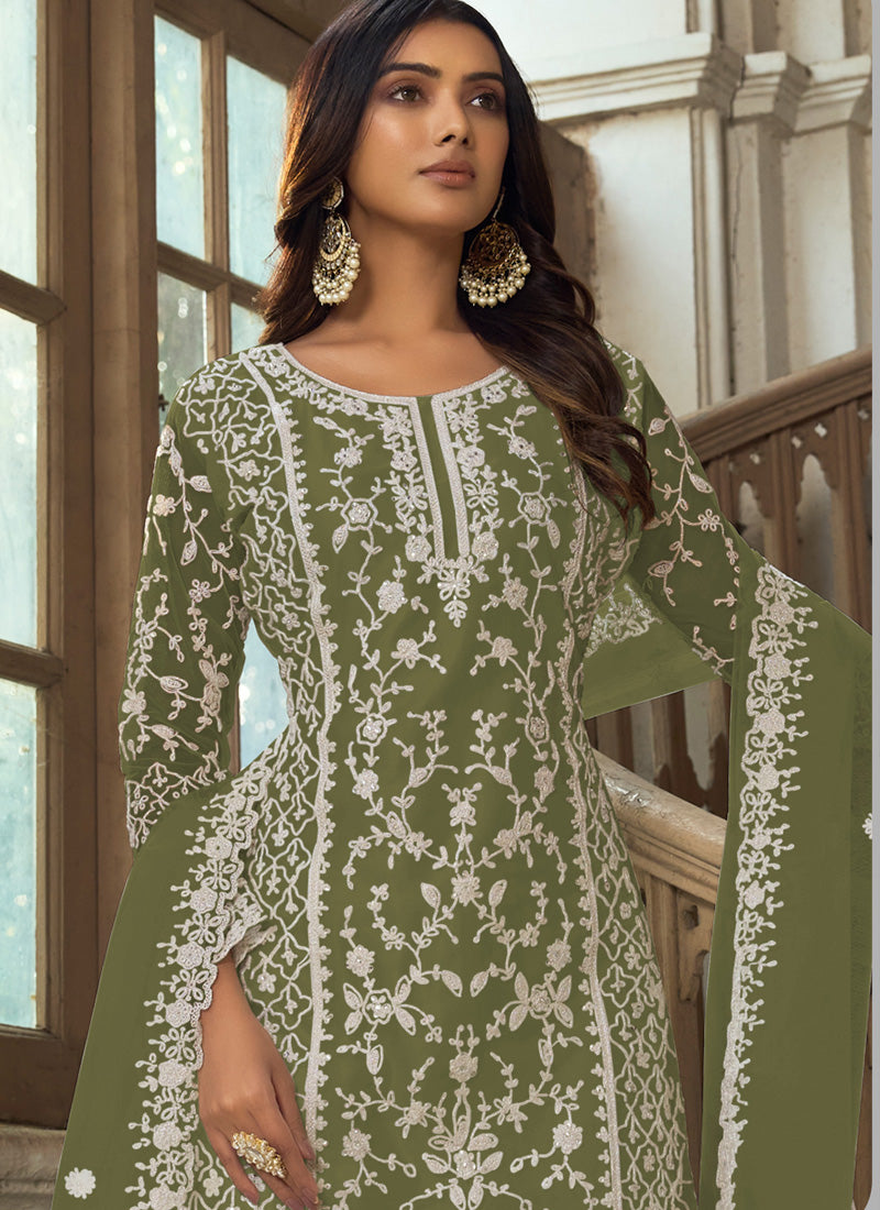 Vegaa Fashion Olive Premium Net Embroidered Traditional Palazzo Suit - Distacart