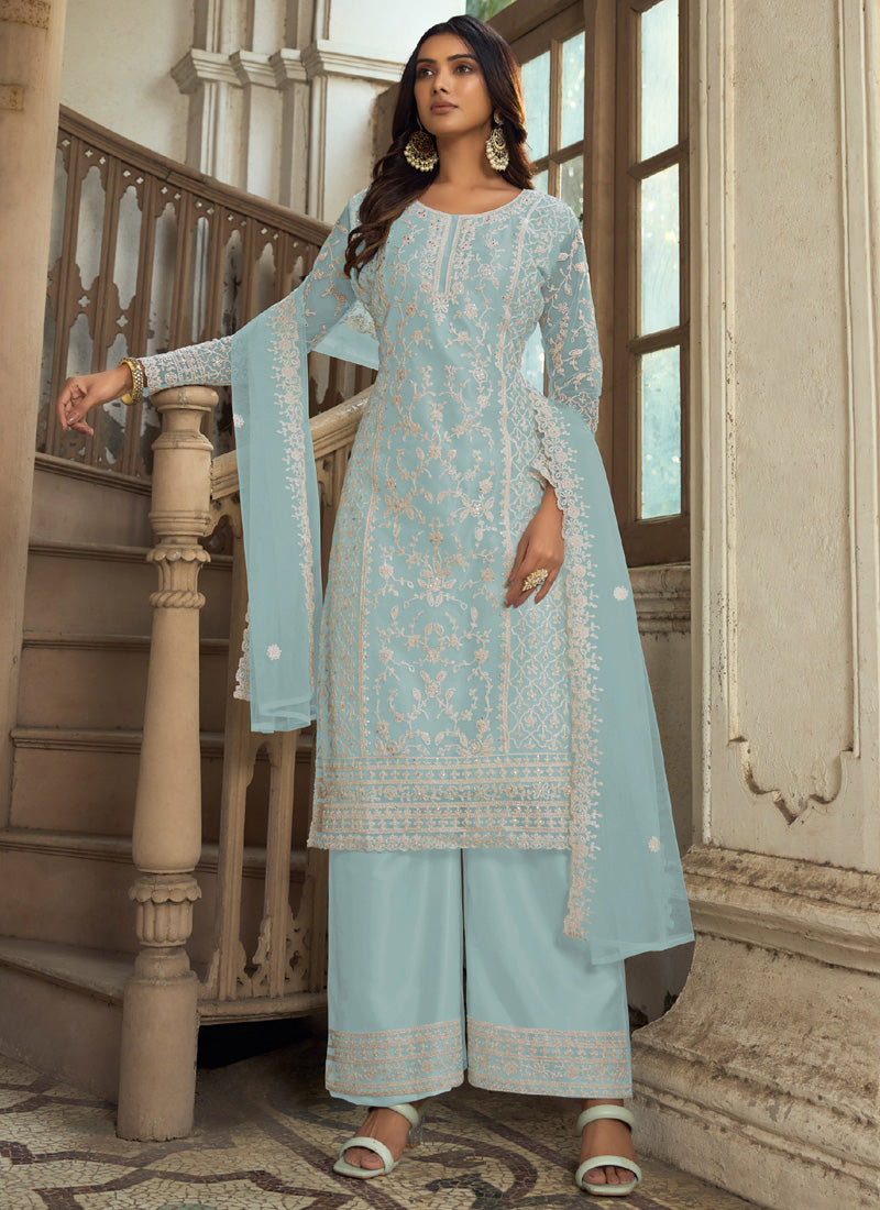 Vegaa Fashion Sky Blue Premium Net Embroidered Traditional Palazzo Suit - Distacart