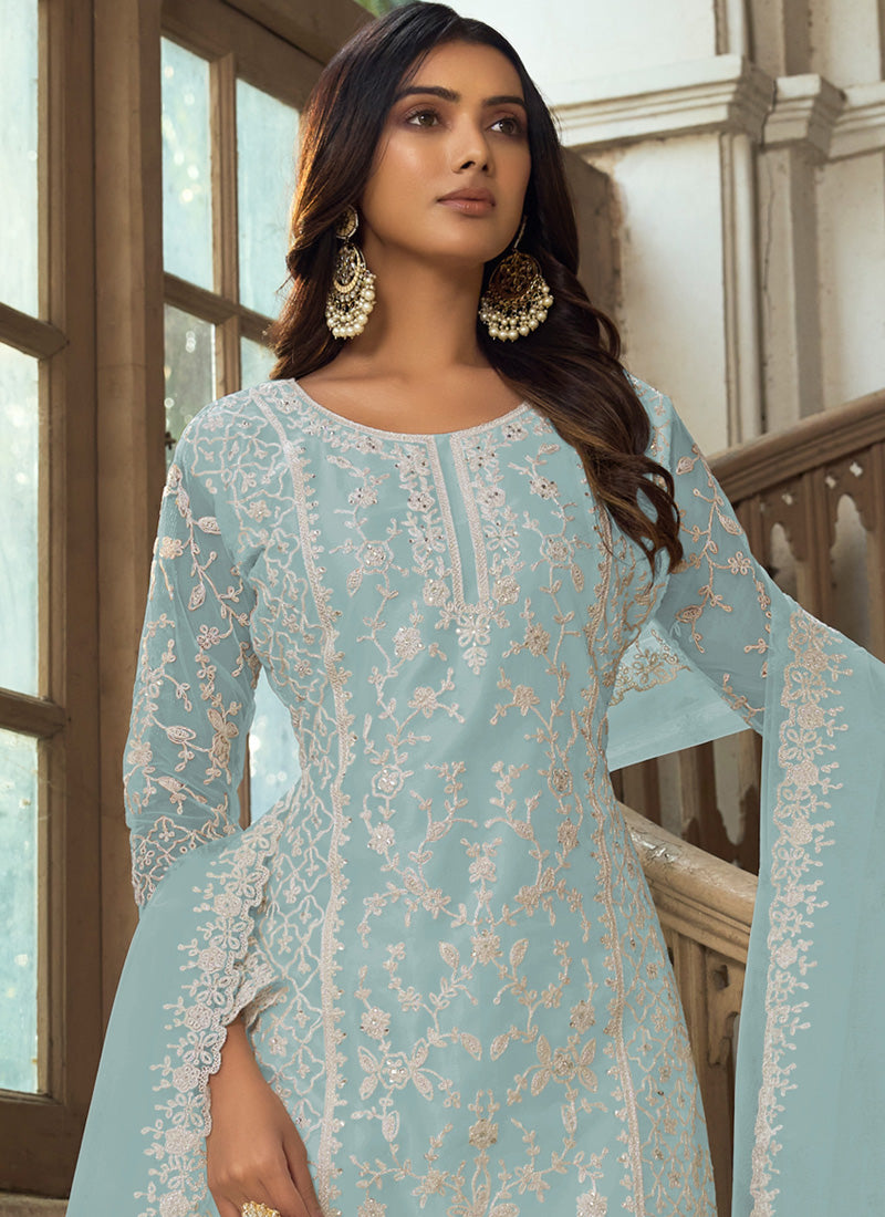 Vegaa Fashion Sky Blue Premium Net Embroidered Traditional Palazzo Suit - Distacart