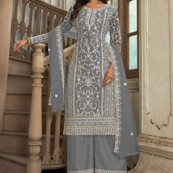 Vegaa Fashion Grey Premium Net Embroidered Traditional Palazzo Suit - Distacart