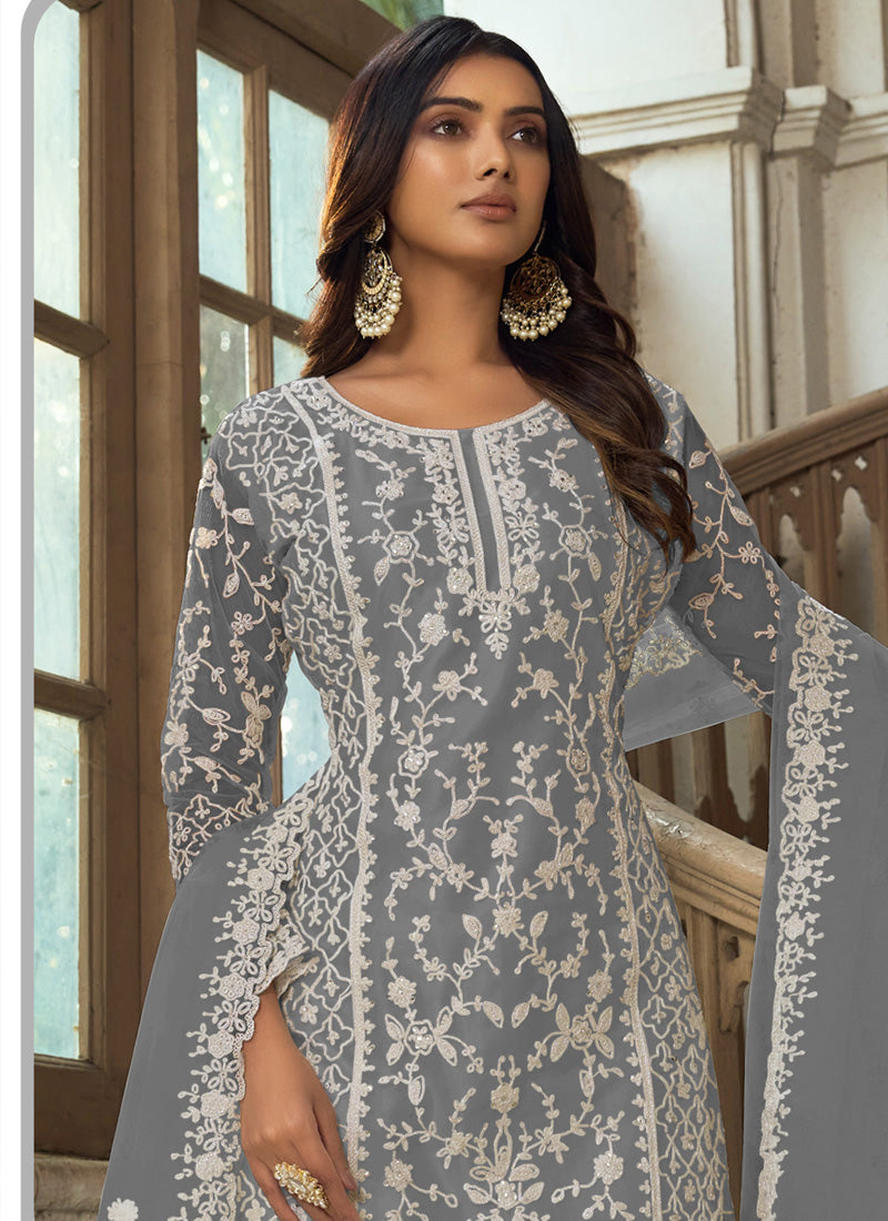 Vegaa Fashion Grey Premium Net Embroidered Traditional Palazzo Suit - Distacart