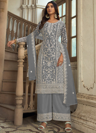 Vegaa Fashion Grey Premium Net Embroidered Traditional Palazzo Suit