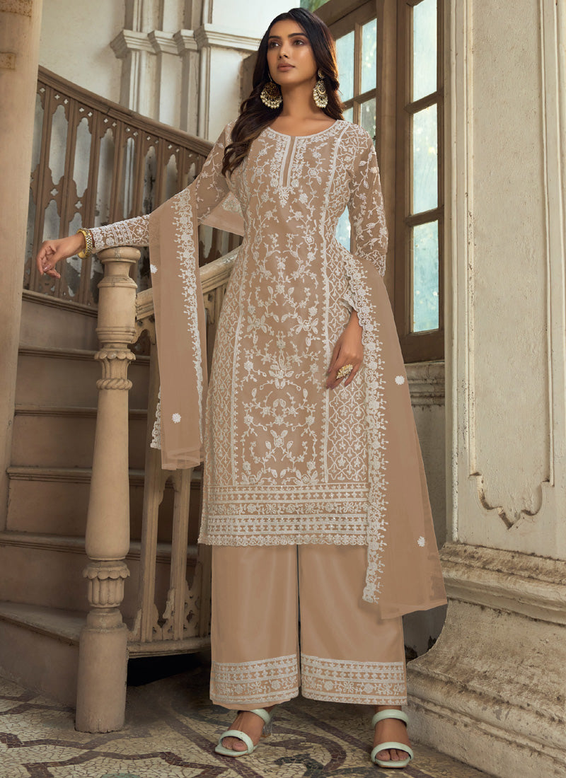 Vegaa Fashion Beige Premium Net Embroidered Traditional Palazzo Suit - Distacart
