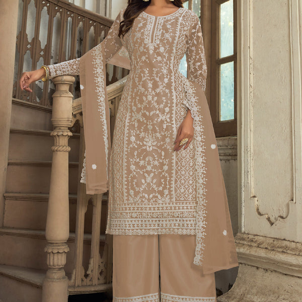 Vegaa Fashion Beige Premium Net Embroidered Traditional Palazzo Suit - Distacart