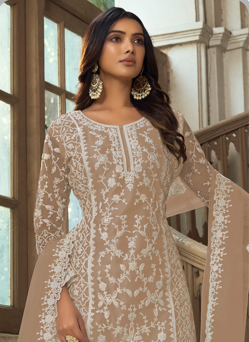 Vegaa Fashion Beige Premium Net Embroidered Traditional Palazzo Suit - Distacart