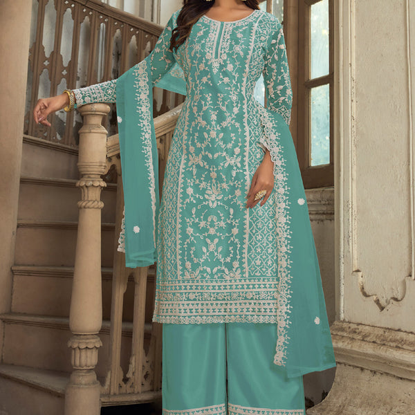 Vegaa Fashion Aqua Blue Premium Net Embroidered Traditional Palazzo Suit - Distacart